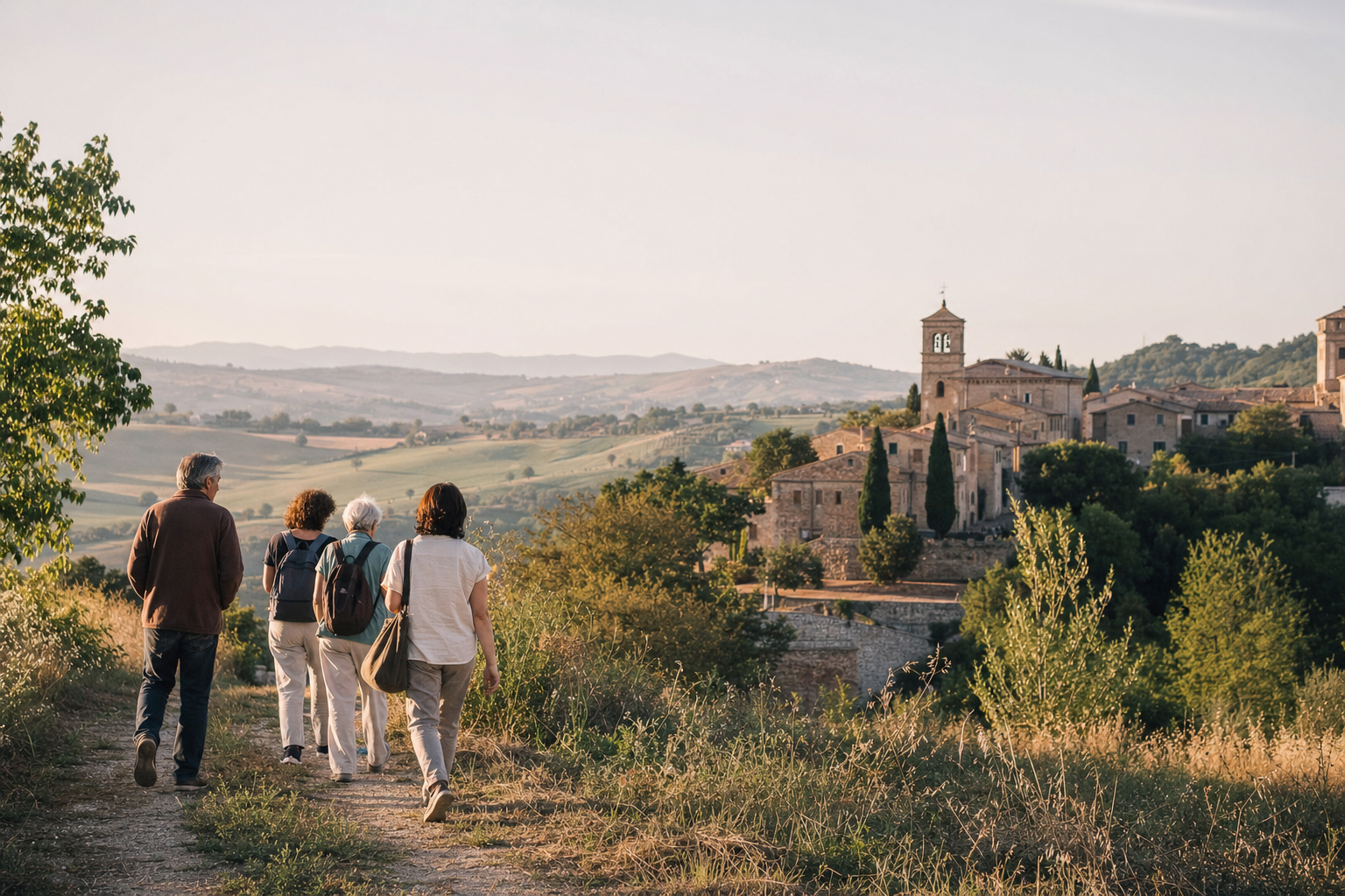 Persone in cammino tra colline e borghi marchigiani