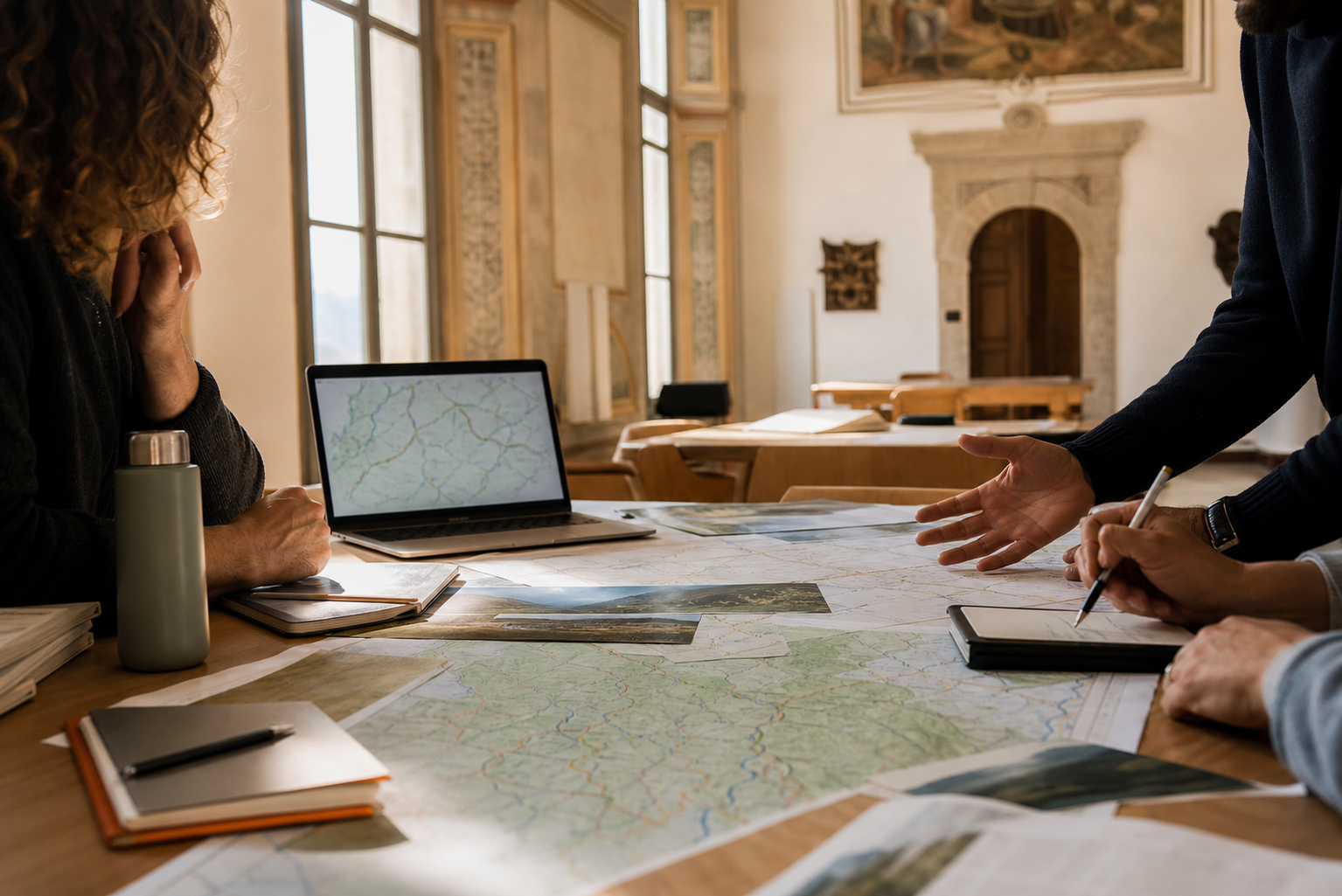 Tavolo di lavoro con mappe, computer e materiali progettuali